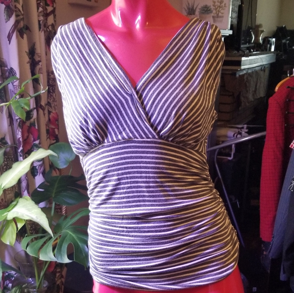 White House Black Market Gray Striped Wrap Blouse